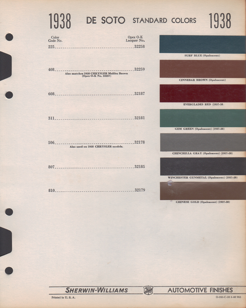 1938 DeSoto Paint Charts Williams 1